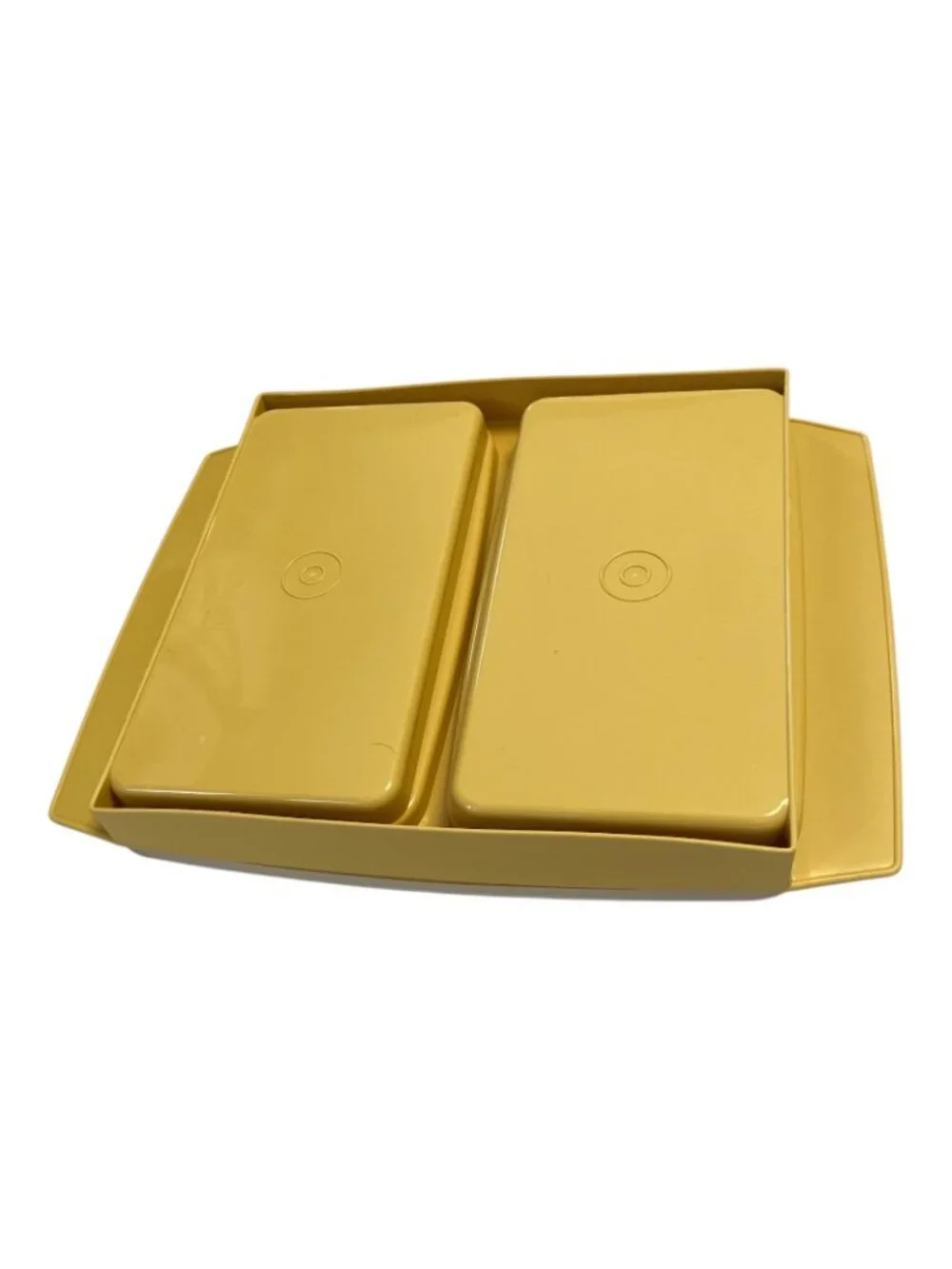 Vtg Tupperware Deviled Egg Carrier – Mustard Yellow 3-Pc Set – 2 Trays + Lid – 1